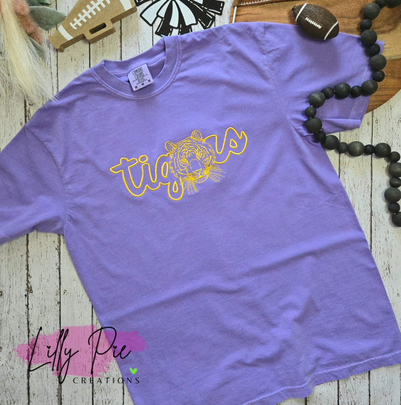 Script Embroidered Tigers Violet Comfort T-shirt (Sweatshirt Available too)