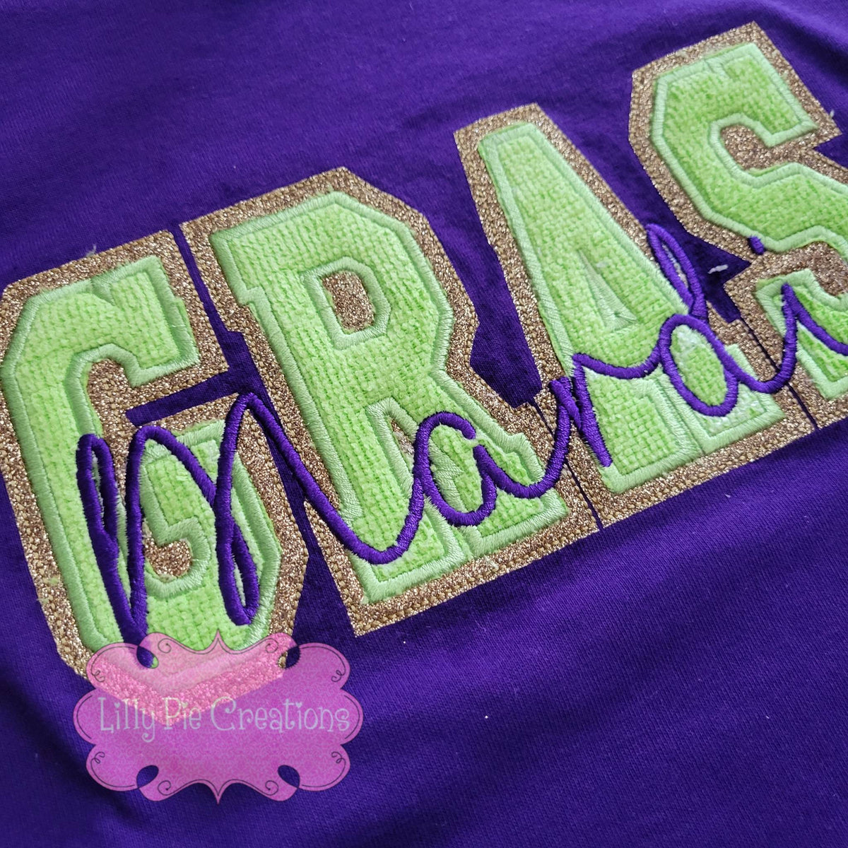 Large Mardi Gras Chenille Embroidery Iron On Gold Glitter Patch