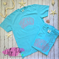 Sunkissed Comfort Colors Embroidered T-shirt - Lagoon Blue and Hot Pink