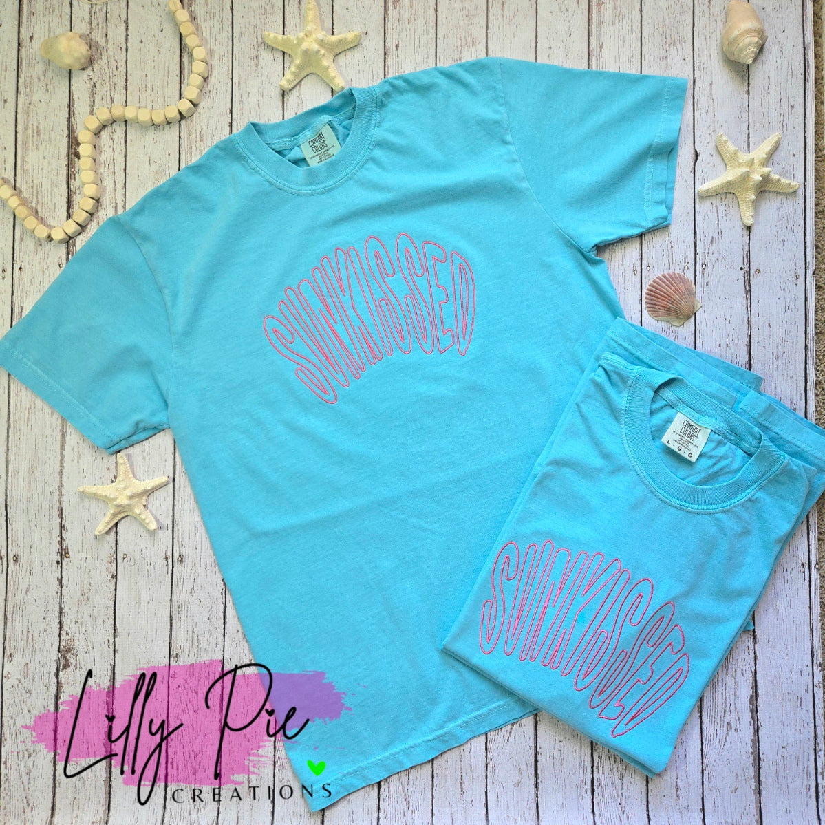 Sunkissed Comfort Colors Embroidered T-shirt - Lagoon Blue and Hot Pink