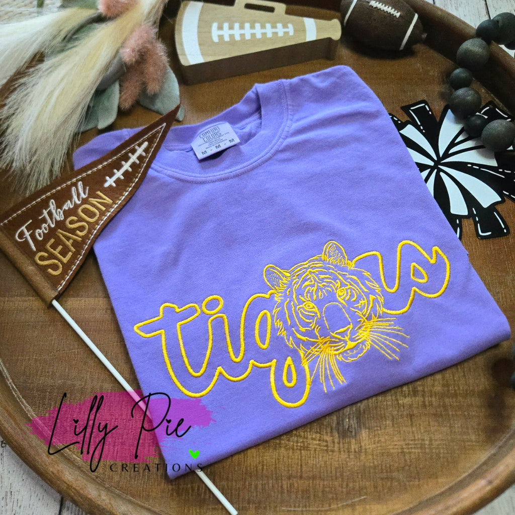 Script Embroidered Tigers Violet Comfort T-shirt (Sweatshirt Available too)