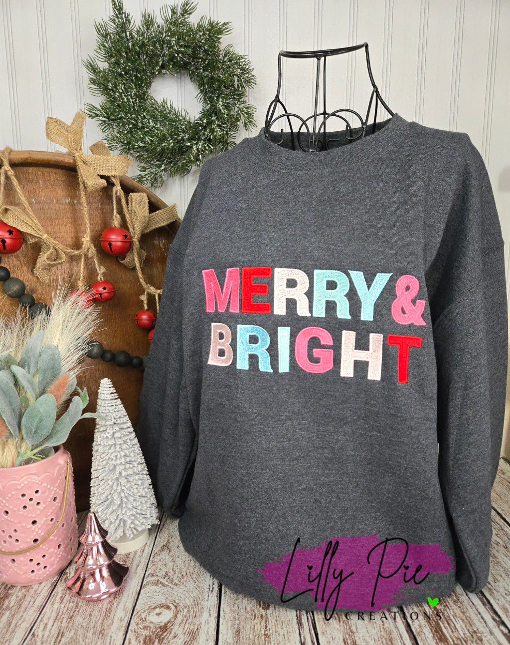 Merry & Bright Embroidered Sweatshirt - Available in Pink, Grey or Blue