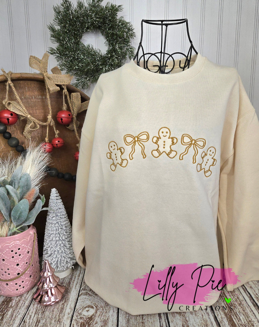 Gingerbread Men and Bows Emrboidered Christmas Sweatshirt