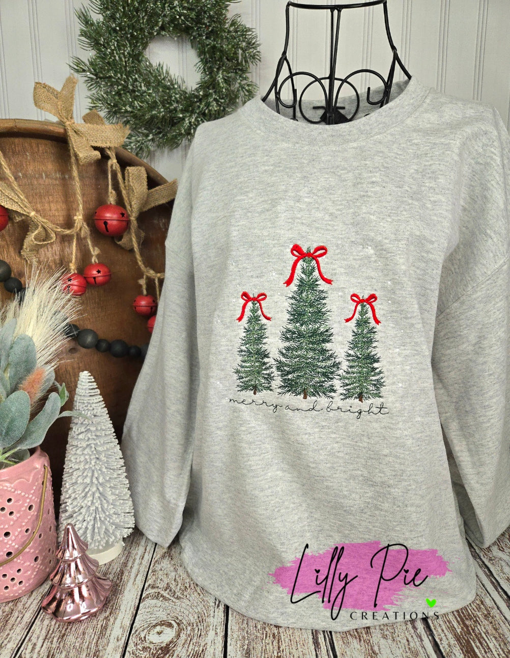Merry & Bright Christmas Trees with Snow Embroidered Sweatshirt