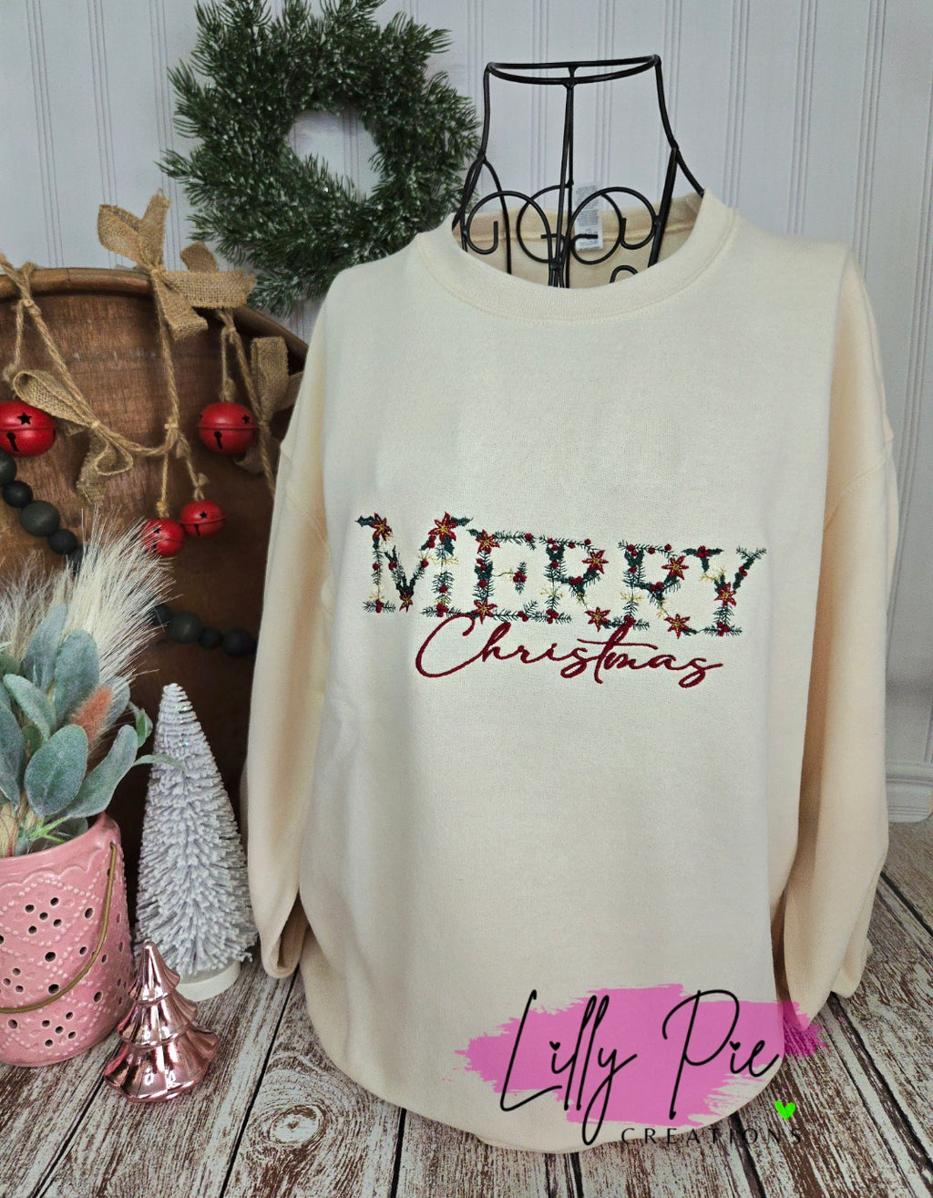 Merry Christmas Floral Embroidered Sweatshirt - 2 colors available