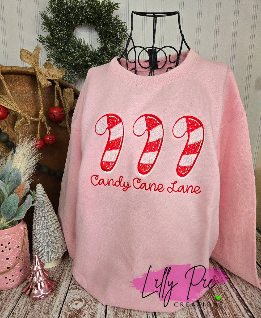 Candy Cane Lane Embroidered Christmas Sweathirt - Pink and Mint Sweatshirts available