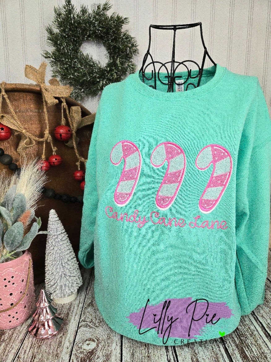 Candy Cane Lane Embroidered Christmas Sweathirt - Pink and Mint Sweatshirts available