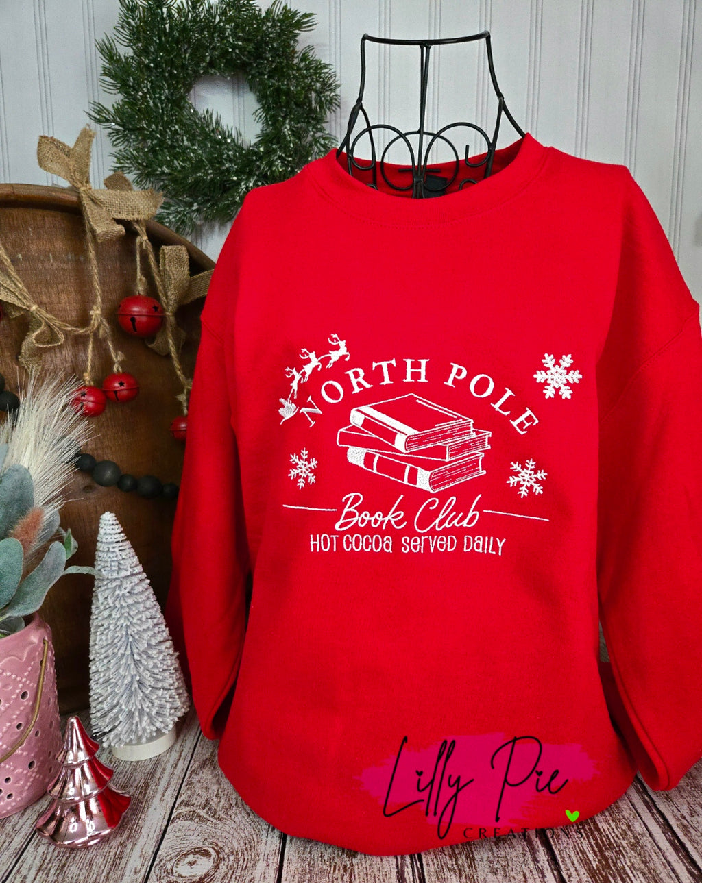 North Pole Book Club Embroidered Sweatshirt - Red and Sand Sweatshirts Available