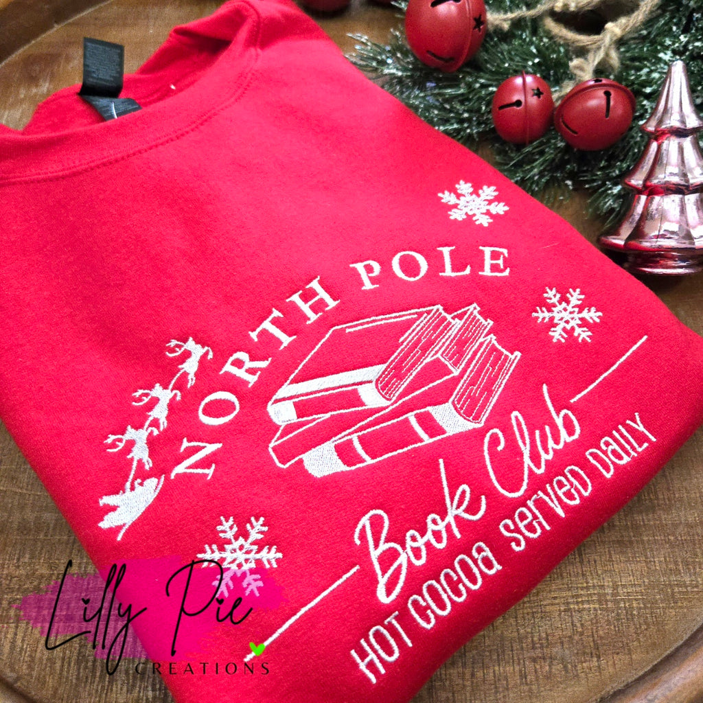 North Pole Book Club Embroidered Sweatshirt - Red and Sand Sweatshirts Available