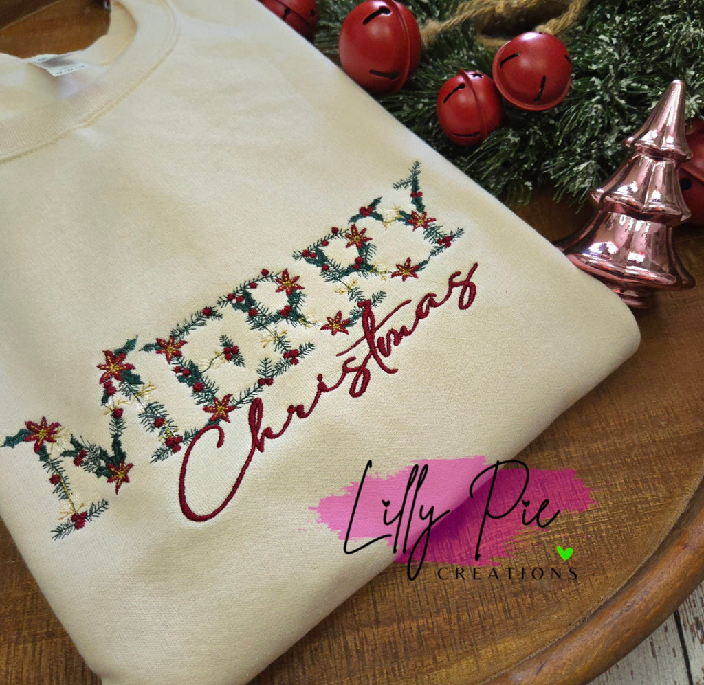 Merry Christmas Floral Embroidered Sweatshirt - 2 colors available