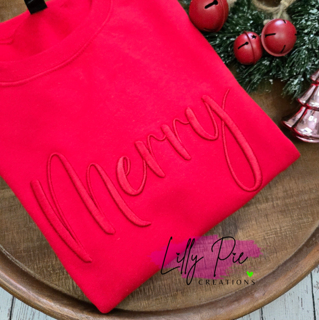 Merry Embroidered Christmas Sweatshirt - Monotone Red