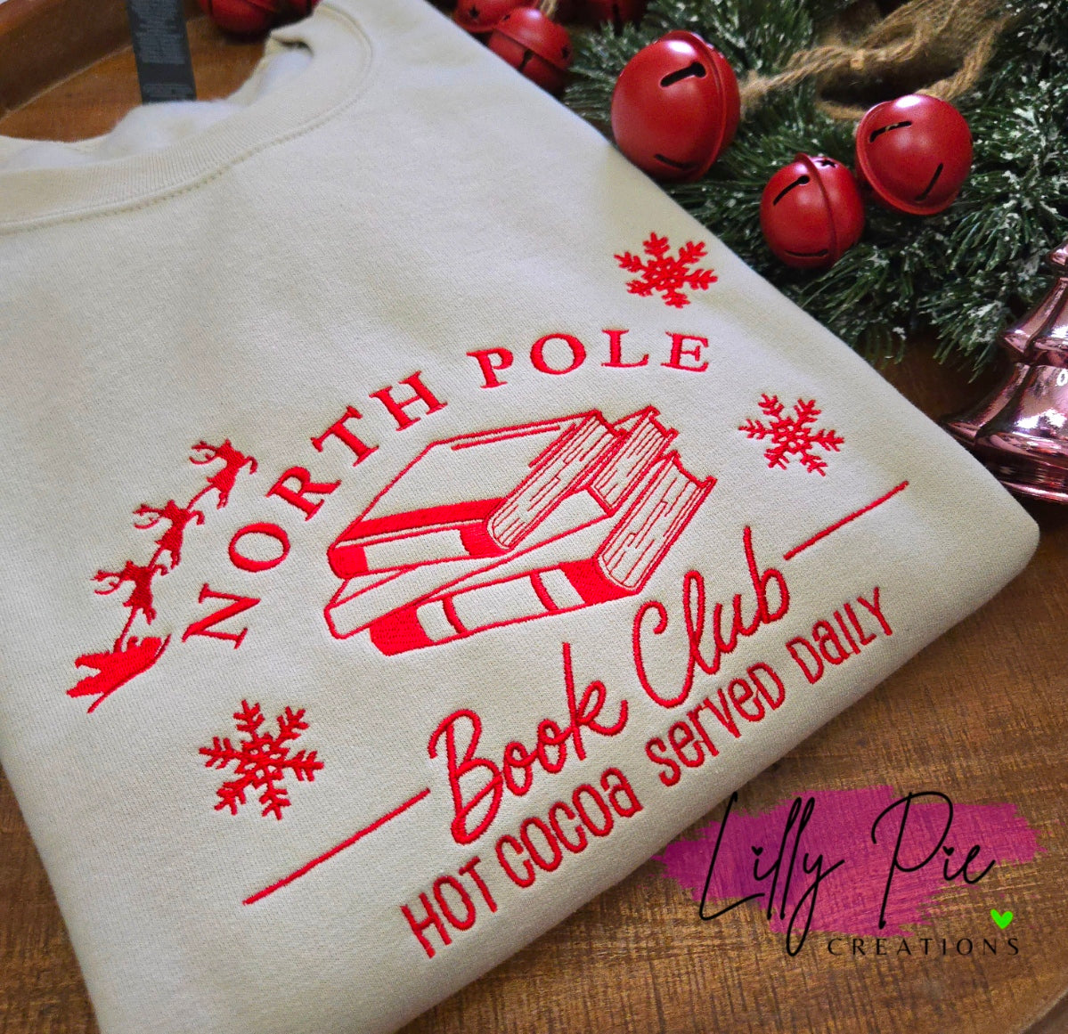 North Pole Book Club Embroidered Sweatshirt - Red and Sand Sweatshirts Available