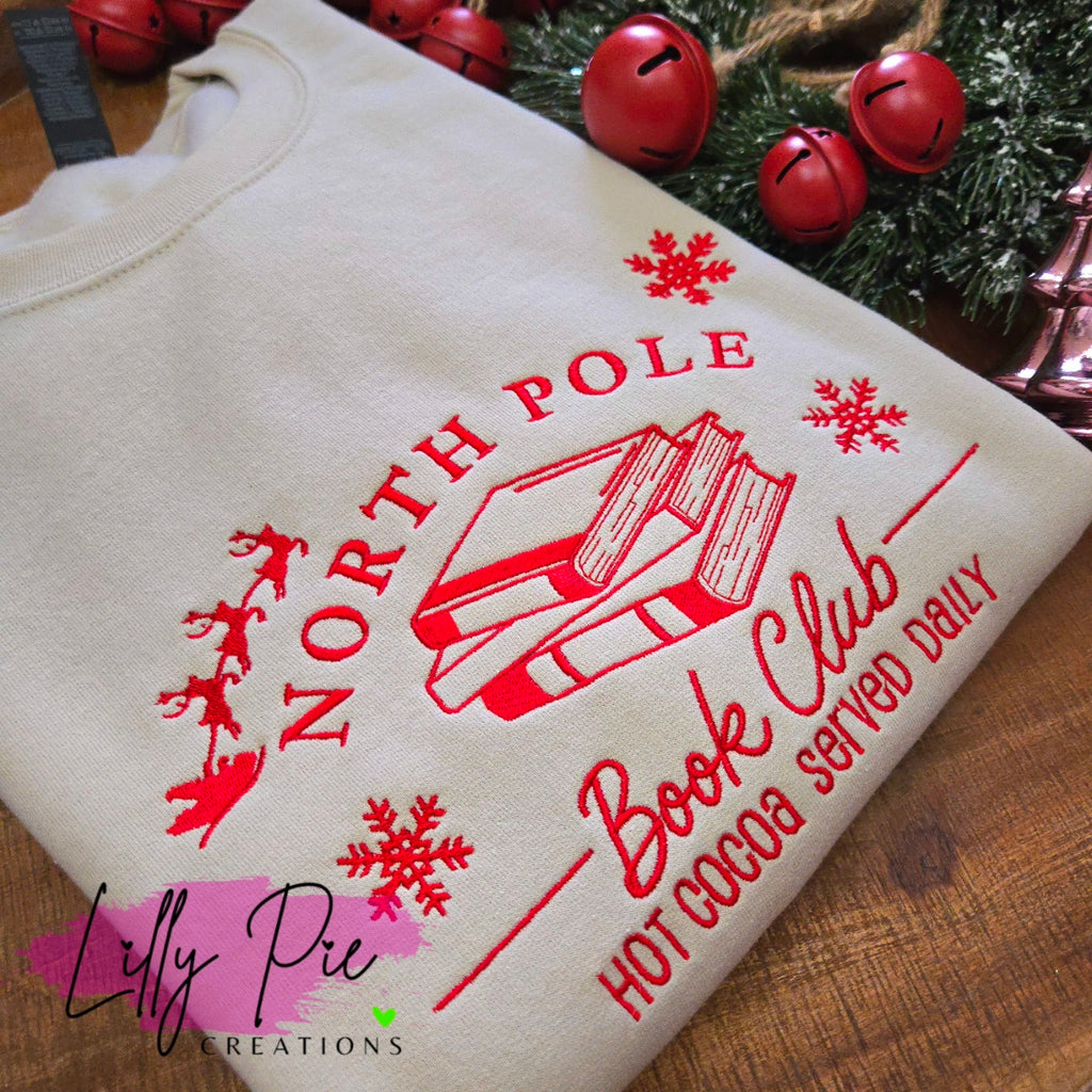 North Pole Book Club Embroidered Sweatshirt - Red and Sand Sweatshirts Available
