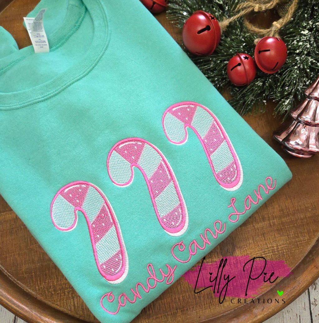 Candy Cane Lane Embroidered Christmas Sweathirt - Pink and Mint Sweatshirts available