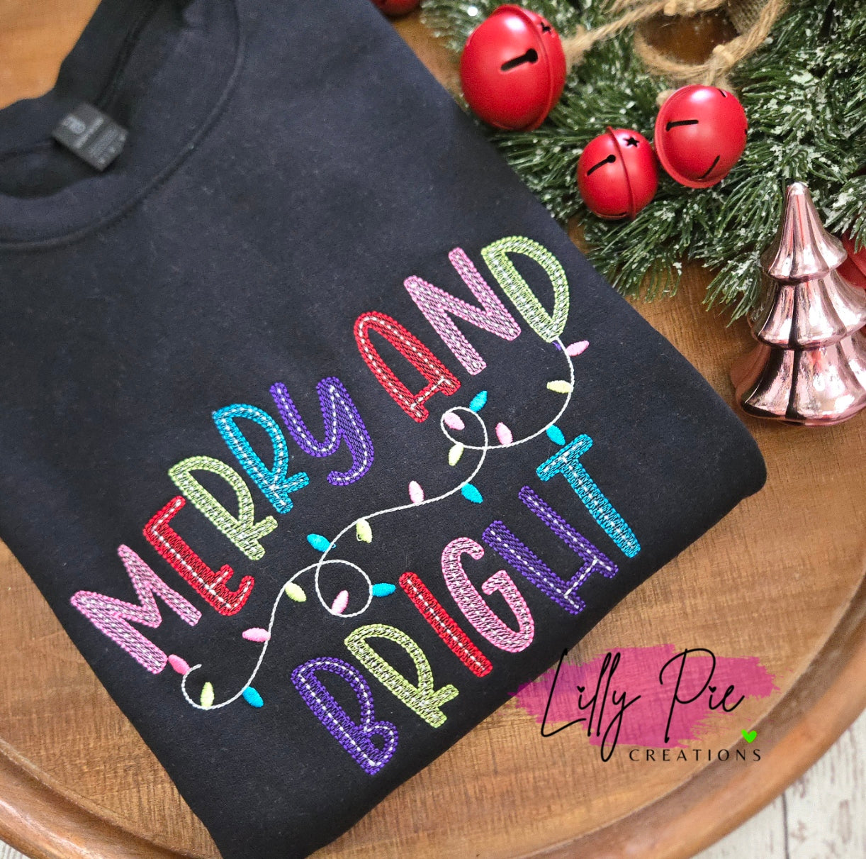 Merry & Bright Christmas Sweatshirt with Embroidered Christmas Lights