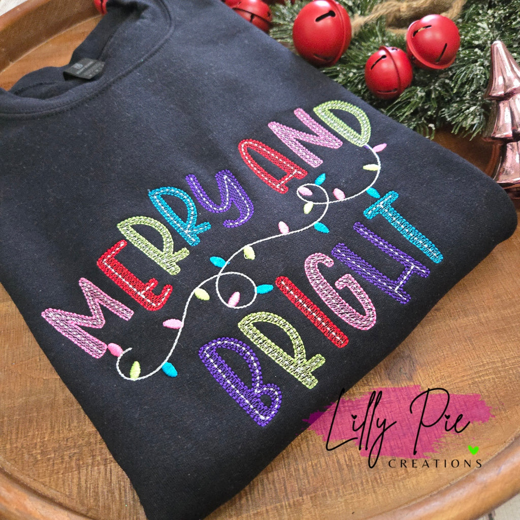 Merry & Bright Christmas Sweatshirt with Embroidered Christmas Lights