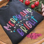 Merry & Bright Christmas Sweatshirt with Embroidered Christmas Lights