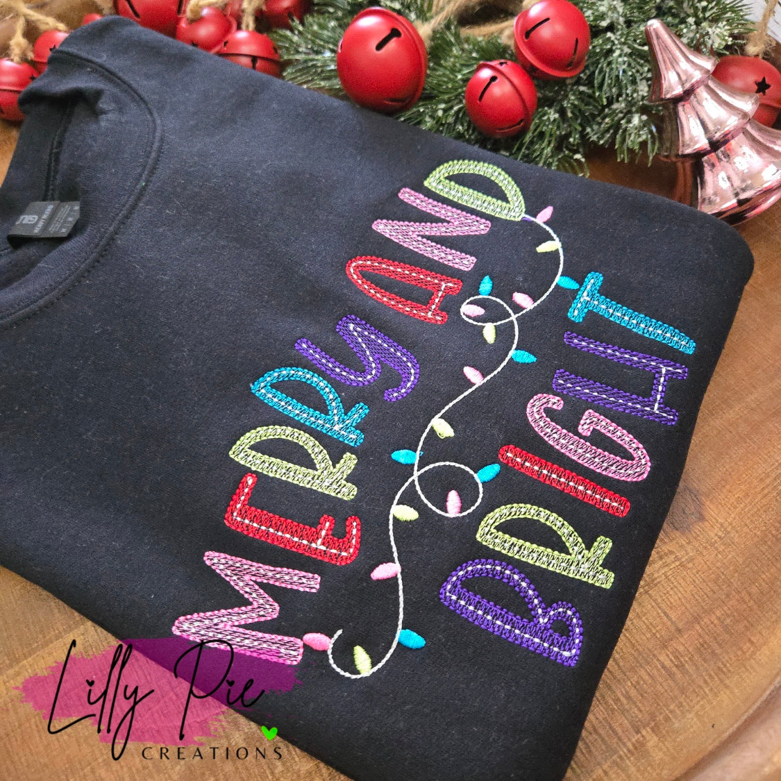 Merry & Bright Christmas Sweatshirt with Embroidered Christmas Lights