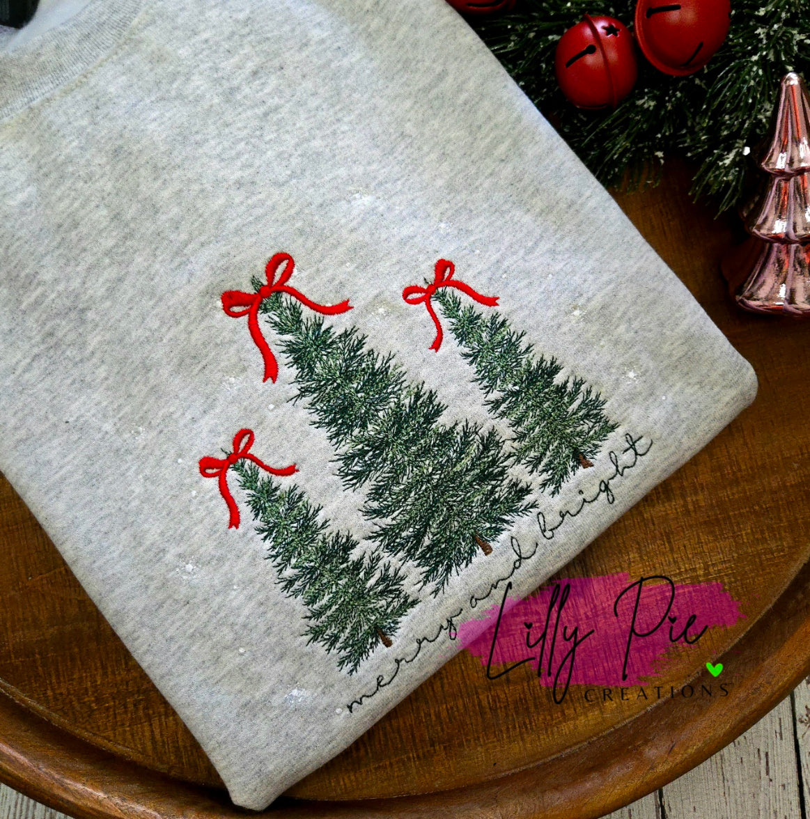 Merry & Bright Christmas Trees with Snow Embroidered Sweatshirt