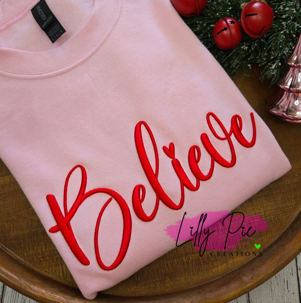 Puff Believe Embroidered Christmas Sweatshirt - Light Pink Sweatshirt