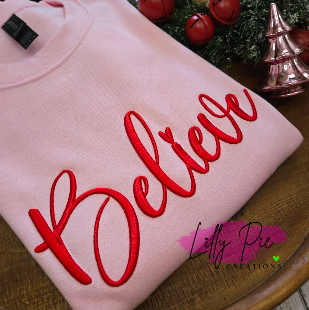 Puff Believe Embroidered Christmas Sweatshirt - Light Pink Sweatshirt