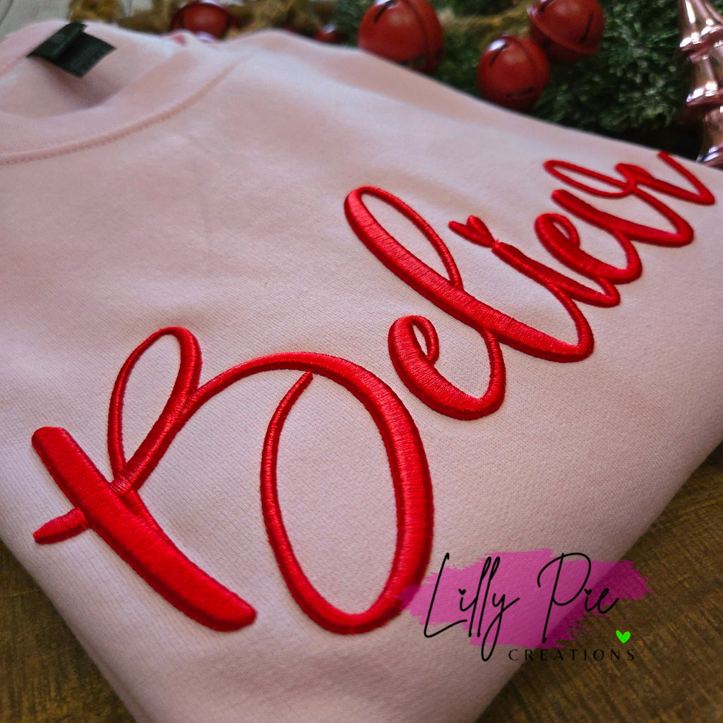 Puff Believe Embroidered Christmas Sweatshirt - Light Pink Sweatshirt