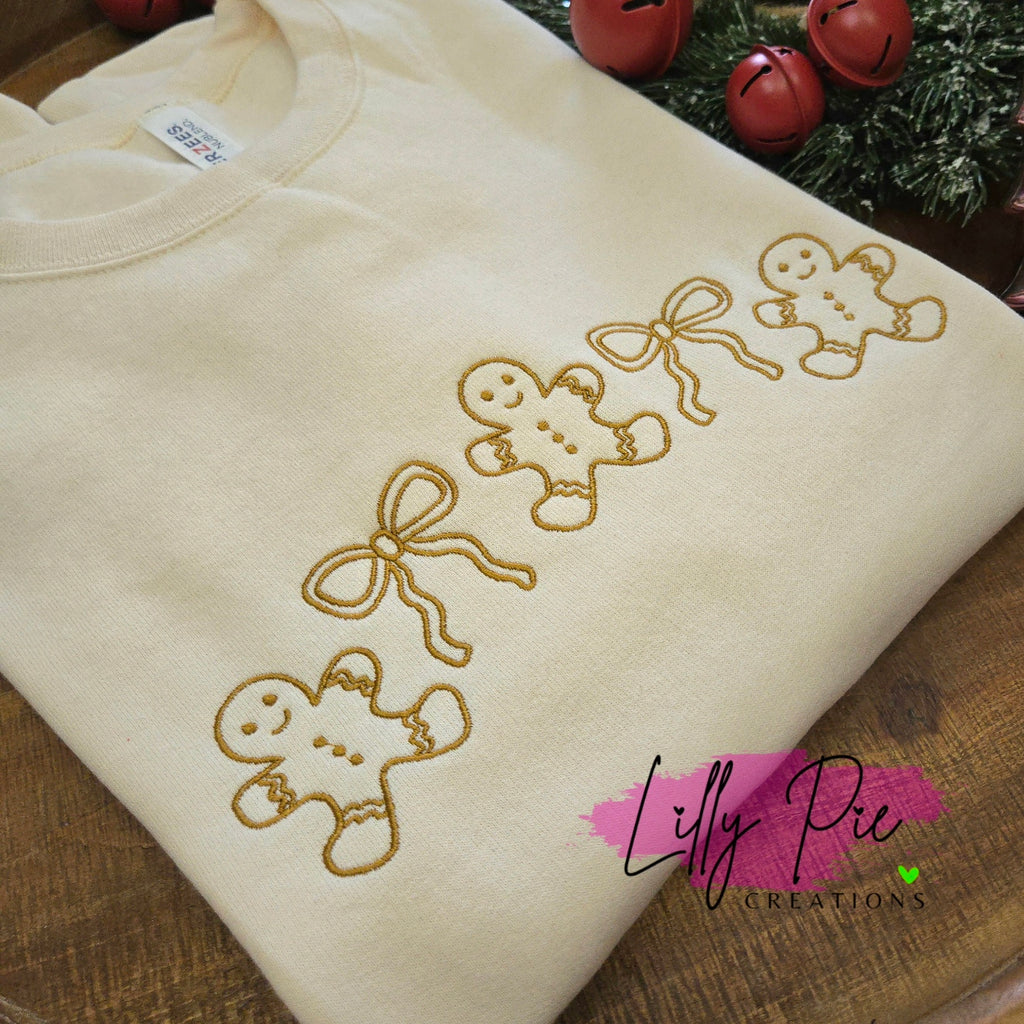 Gingerbread Men and Bows Emrboidered Christmas Sweatshirt