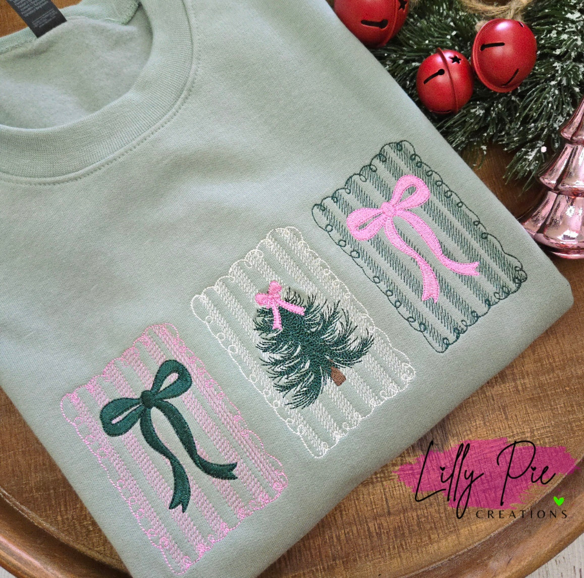 Christmas Stamps Embroidered Sage Sweatshirt