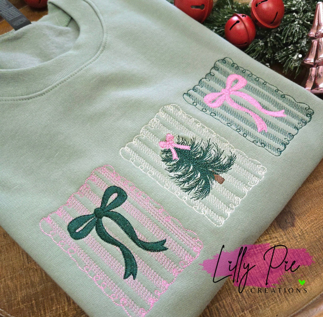 Christmas Stamps Embroidered Sage Sweatshirt