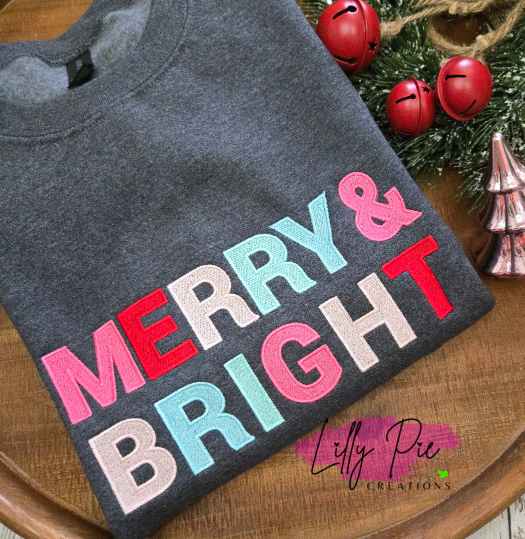 Merry & Bright Embroidered Sweatshirt - Available in Pink, Grey or Blue