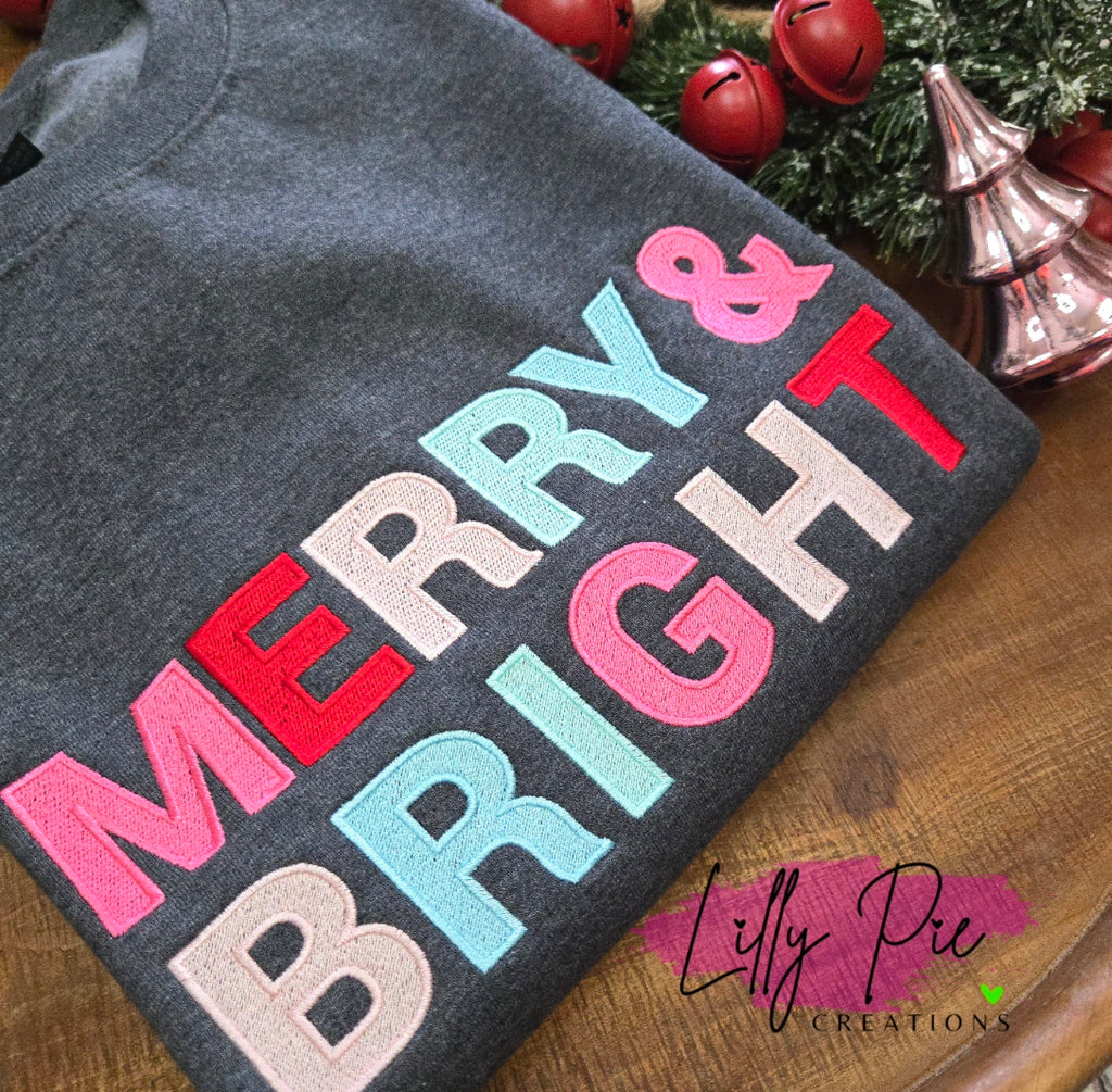 Merry & Bright Embroidered Sweatshirt - Available in Pink, Grey or Blue