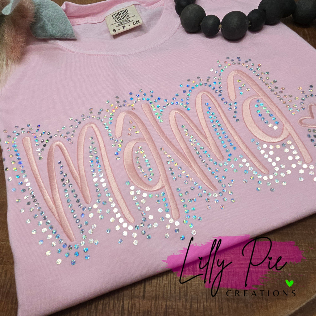 Mama Embroidered Comfort Colors T-shirt- Available with and without spangles