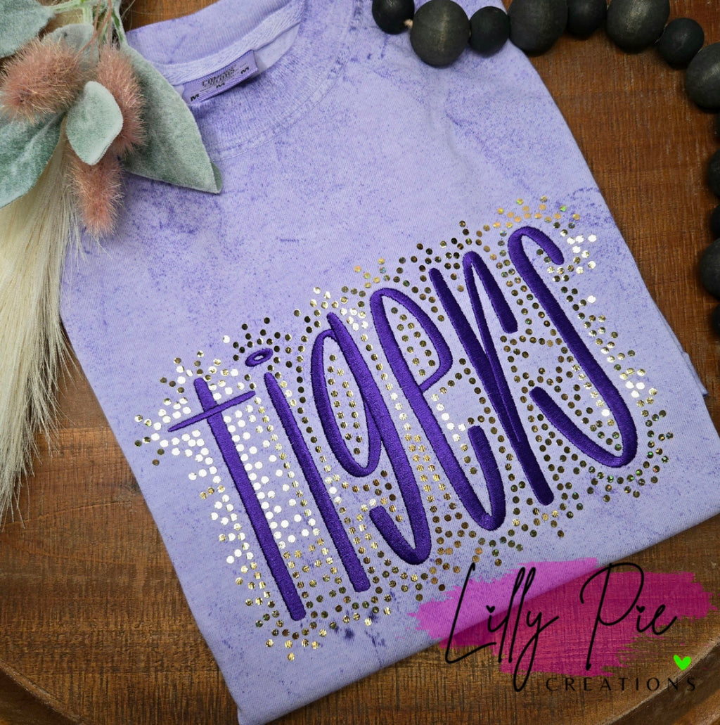 Tiger Embroidered Tee with Gold Sparkles