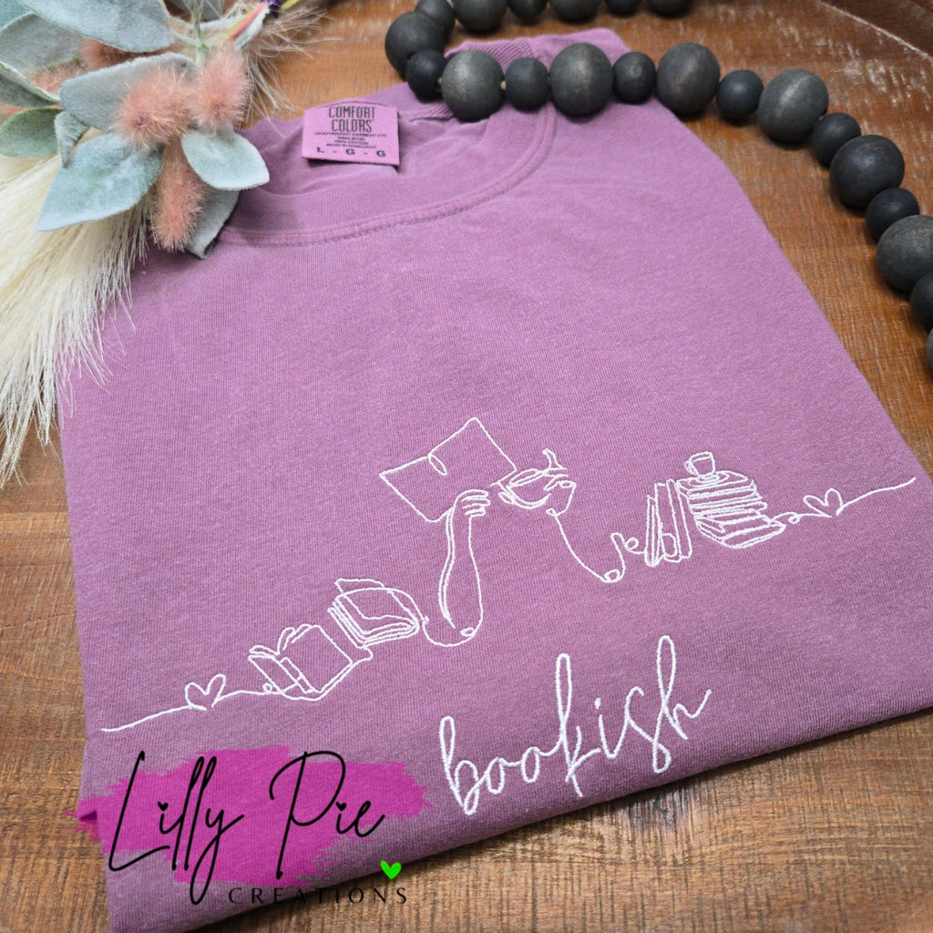 Bookish Line Art Embroidered Comfort Colors Tee