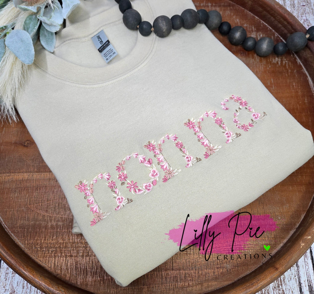 Custom Floral Word Embroidered Sweatshirt - Pink, blue or neutral designs available