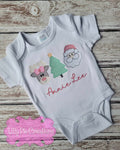 Reindeer, Tree, Santa Trio Embroidered Christmas Shirt - Girls Christmas Shirt
