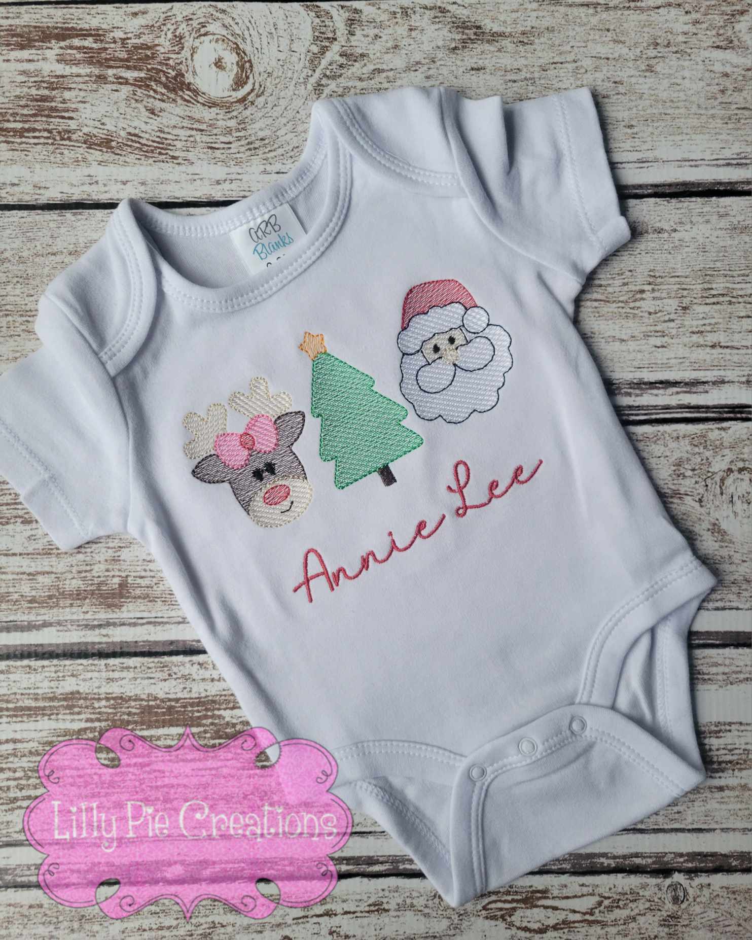 Reindeer, Tree, Santa Trio Embroidered Christmas Shirt - Girls Christmas Shirt