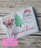 Reindeer, Tree, Santa Trio Embroidered Christmas Shirt - Girls Christmas Shirt