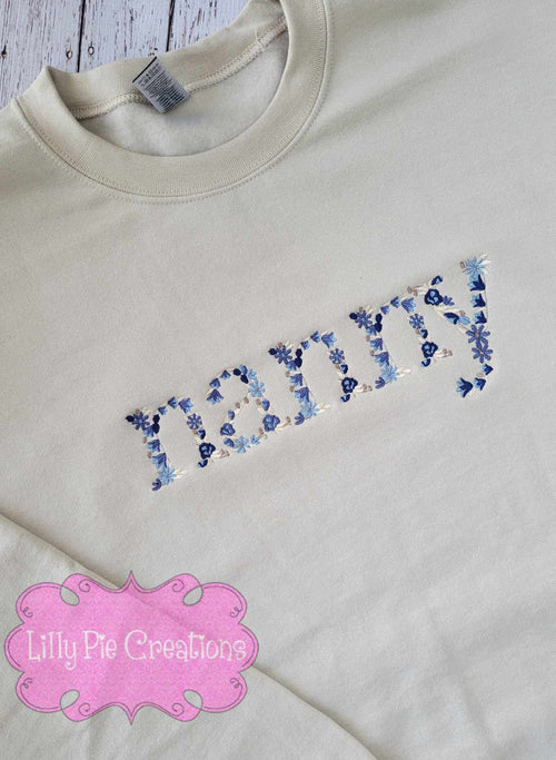Custom Floral Word Embroidered Sweatshirt - Pink, blue or neutral designs available