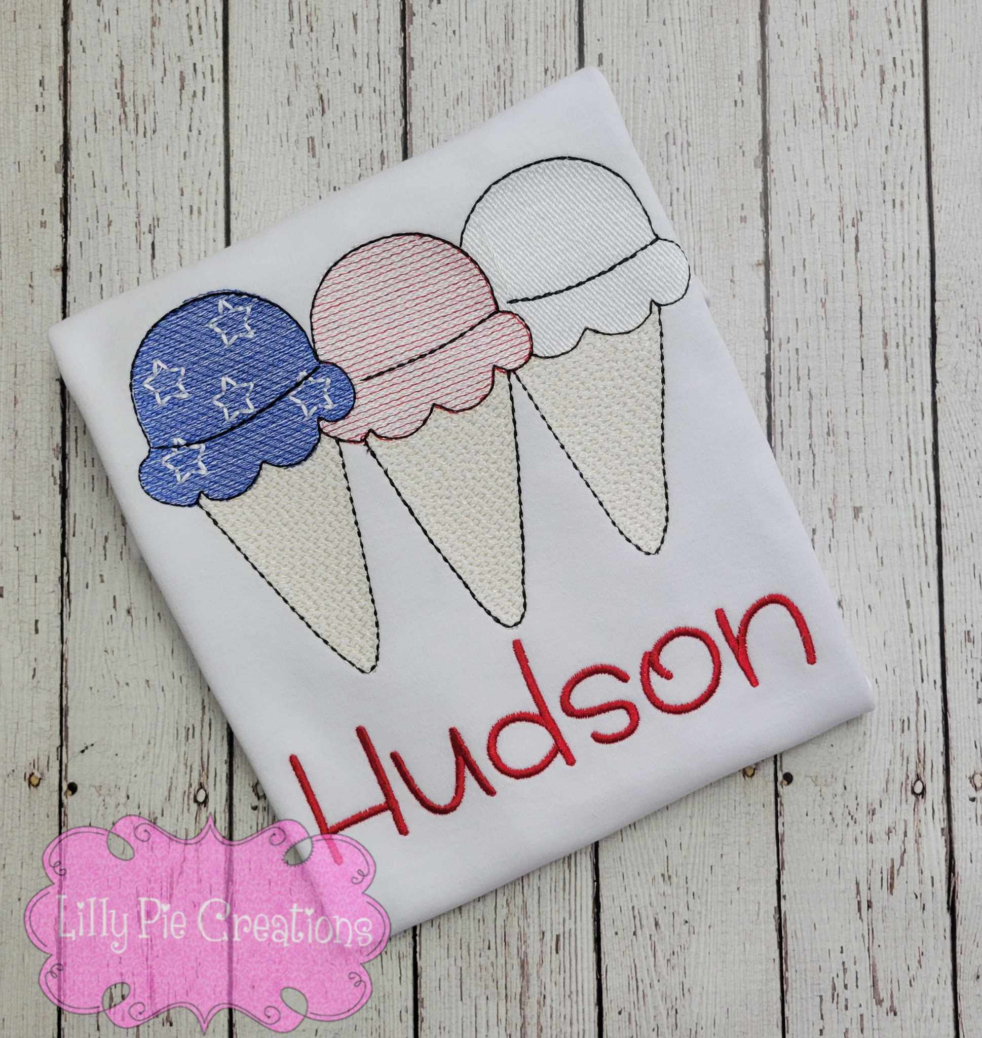 4th of July Ice Cream Trio Kids Embroidered T-shirt -Customizable