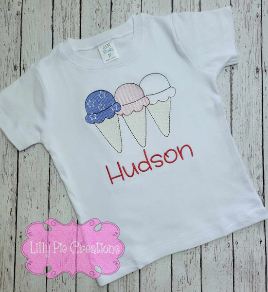 4th of July Ice Cream Trio Kids Embroidered T-shirt -Customizable
