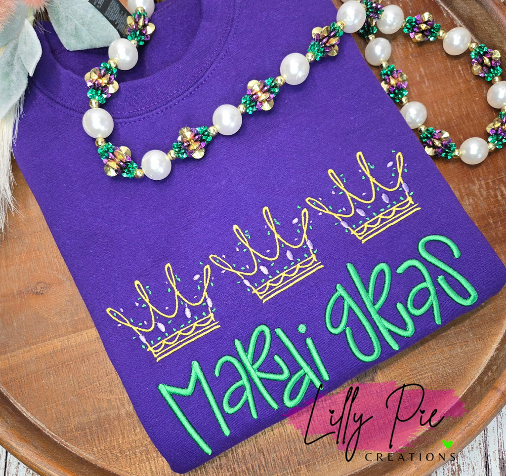 Mardi Gras Crown Trio Sweatshirt with Puff Embroidery