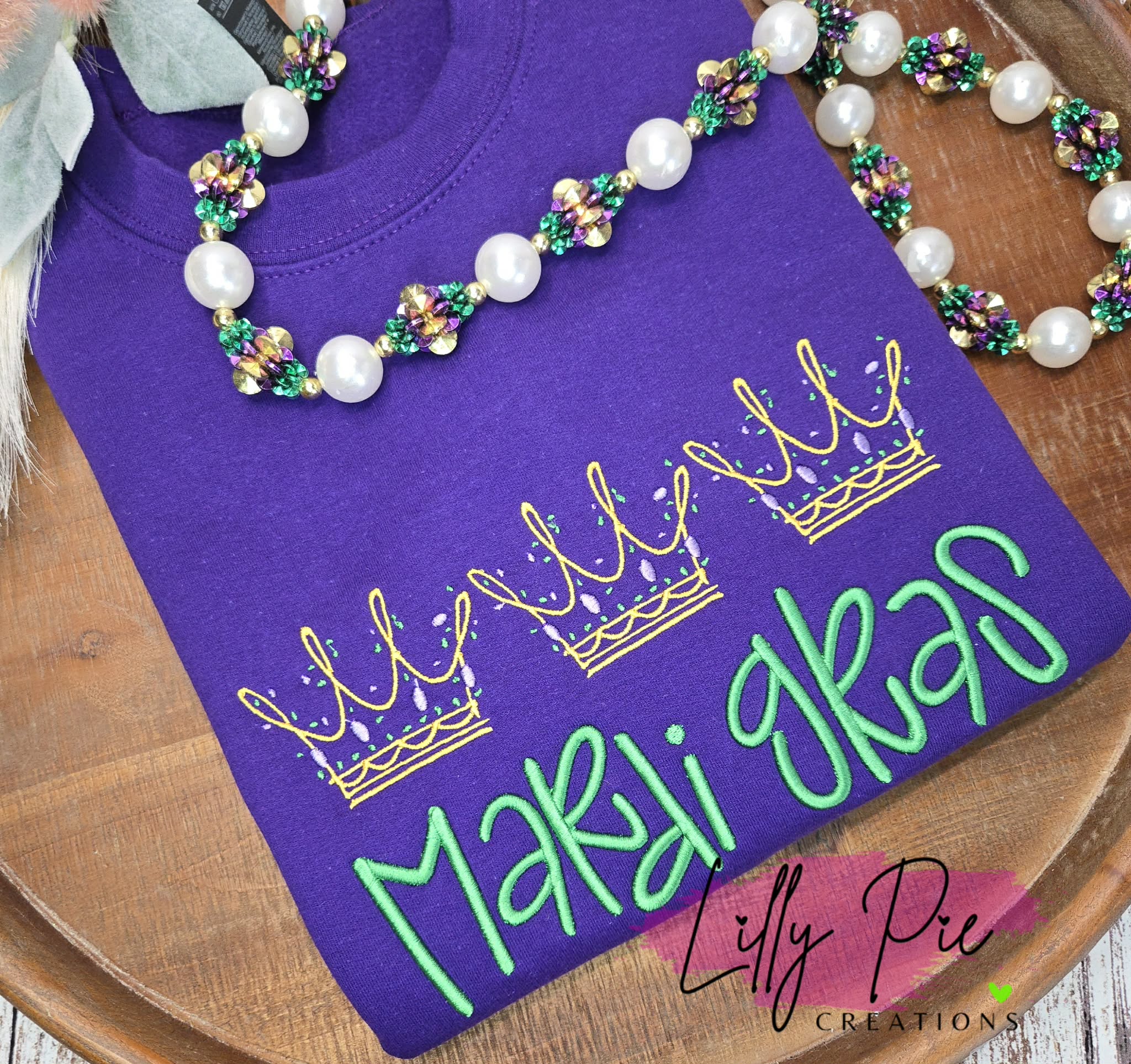 Mardi Gras Crown Trio Sweatshirt with Puff Embroidery
