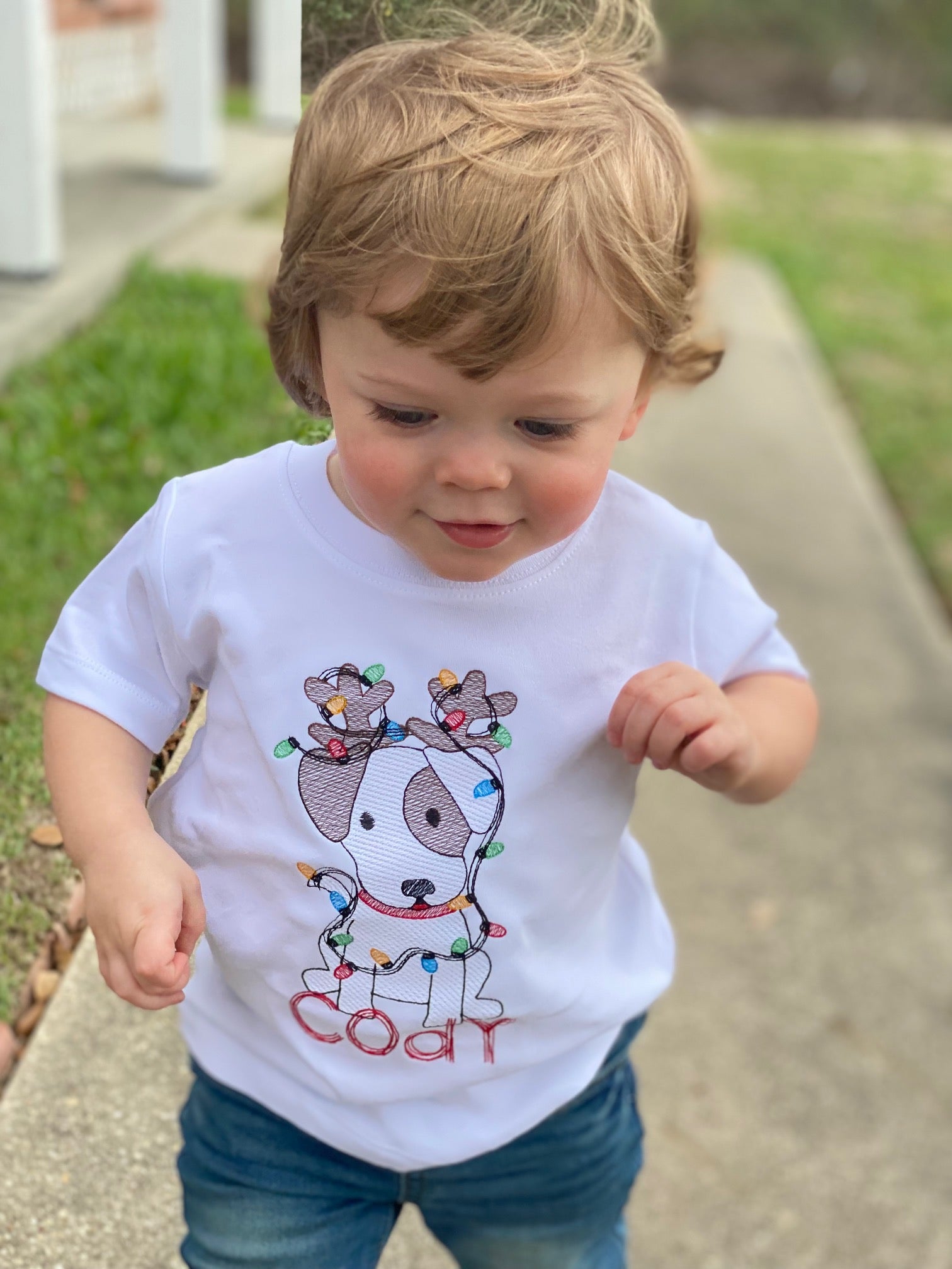 Personalized Christmas Shirt with Puppy and Lights -Boys, Girls and Bodysuits Available