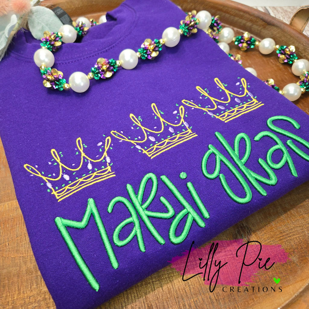 Mardi Gras Crown Trio Sweatshirt with Puff Embroidery