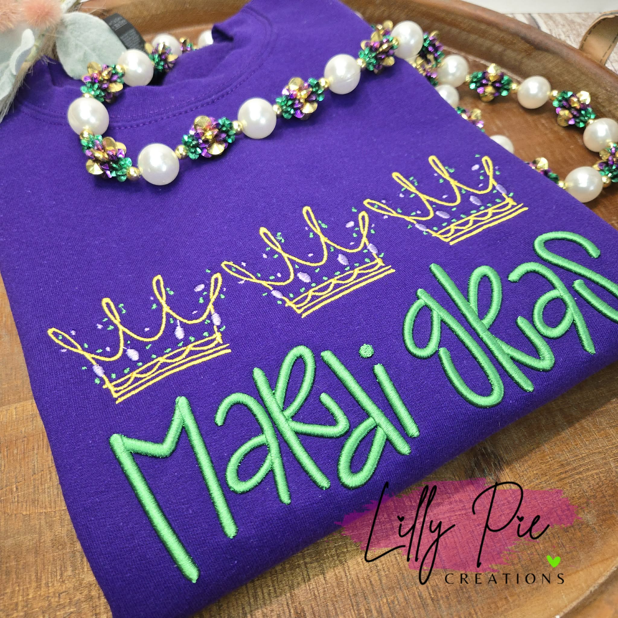 Mardi Gras Crown Trio Sweatshirt with Puff Embroidery