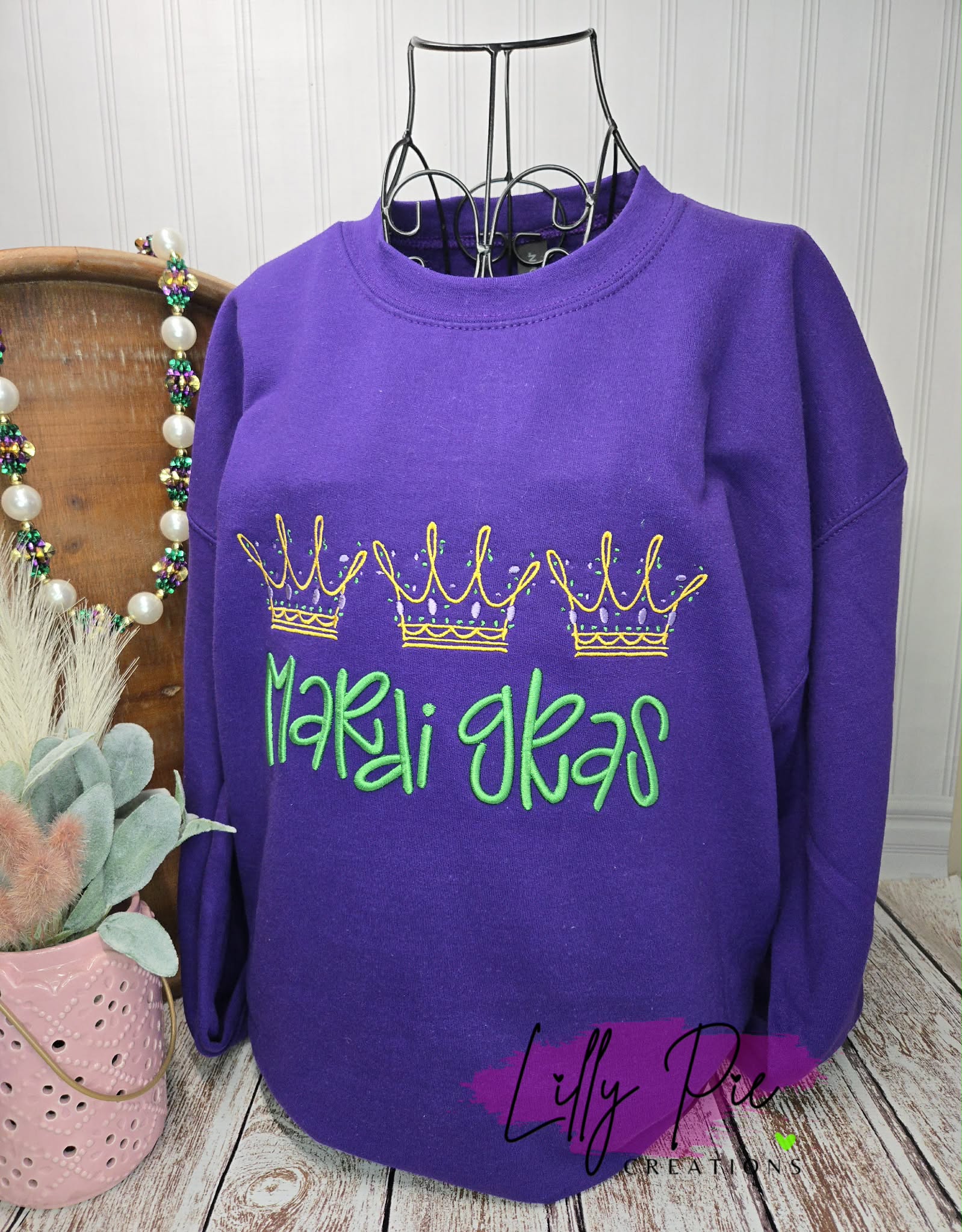Mardi Gras Crown Trio Sweatshirt with Puff Embroidery
