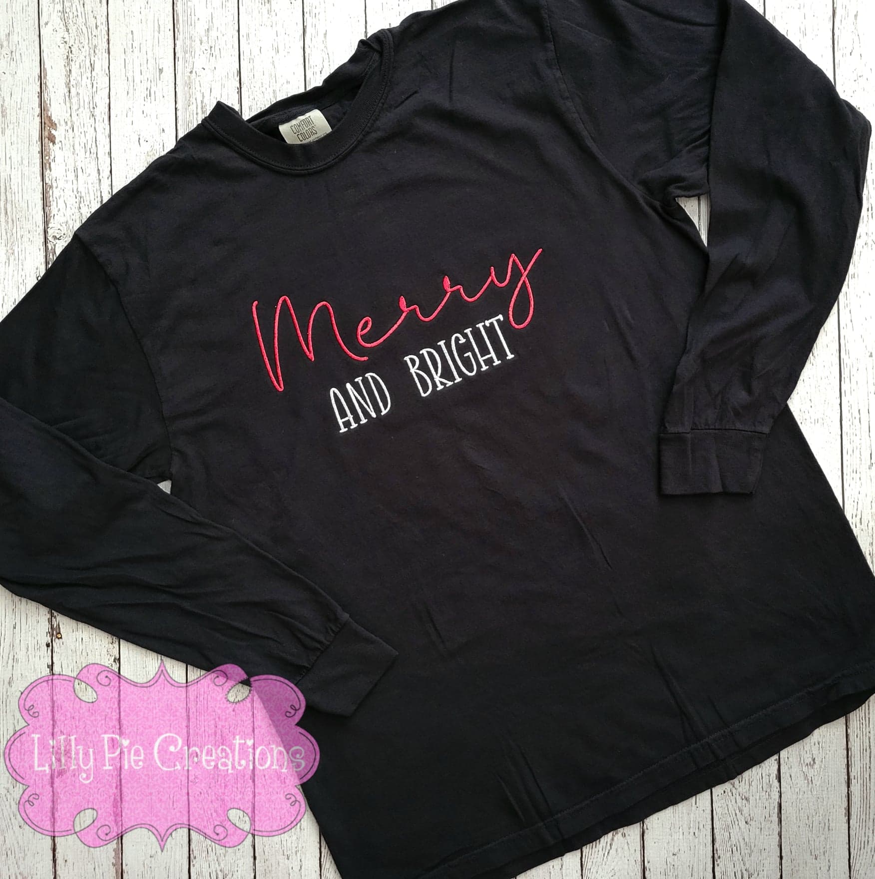 Embroidered Merry and Bright Comfort Colors Long Sleeve Shirt