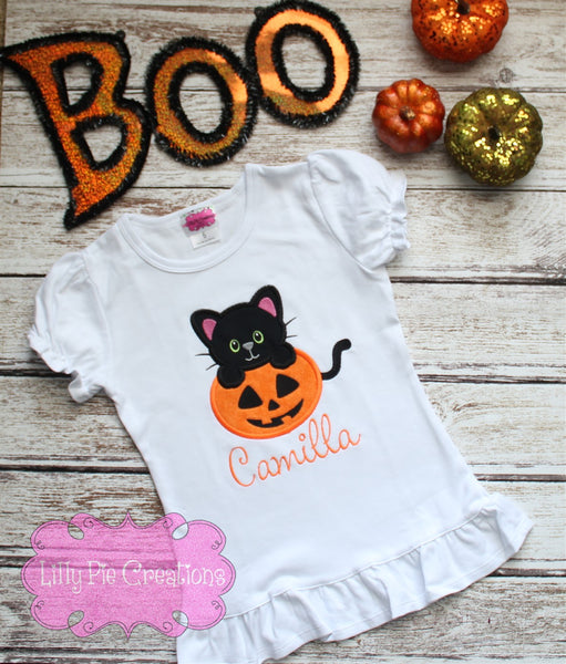 Girls Pumpkin Kitten Halloween Shirt - Girls Halloween Applique Shirt