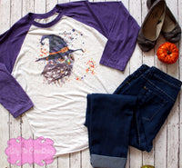 Ladies Halloween Witch Owl Raglan - Halloween T- Shirt